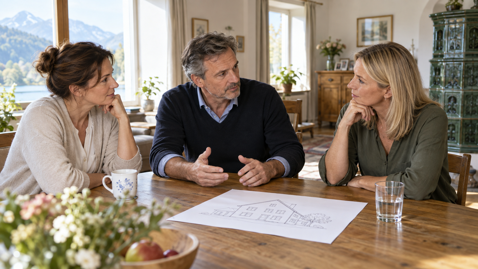 Drei erwachsene Geschwister sprechen an einem Tisch über ein Familienhaus
